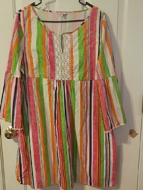 crown & ivy Pink, Green, Orange & Navy Striped Lace-Front Dress